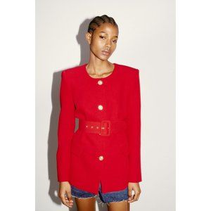 ZARA NEW WOMAN LONG BLAZER WITH LINED MATCHING BELT DRESS RED 2382/940
